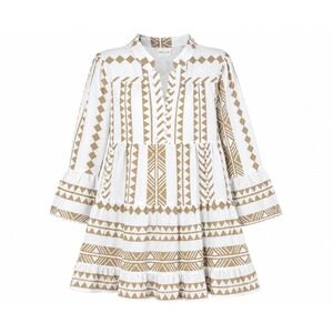 Silk & Salt Geometric Tiered Tunic Dress Small White Tan Boho Ruffle Cottagecore